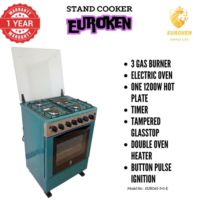 Euroken Cooker EURO65-3+1-E  OVEN Free Stand Glass Top Cooker,Rotisserie,White, 75L