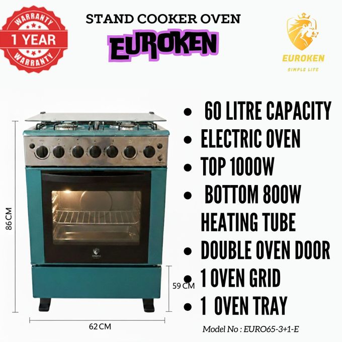Euroken Cooker EURO65-3+1-E  OVEN Free Stand Glass Top Cooker,Rotisserie,White, 75L
