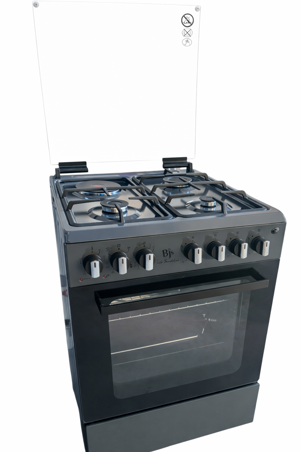 BJS Cooker, Elite 60x60 3+1 Electric/Gas Cooker ,Turbo Fan, CAST pan support - Oven 60L Capacity BJS I-6011T Grey