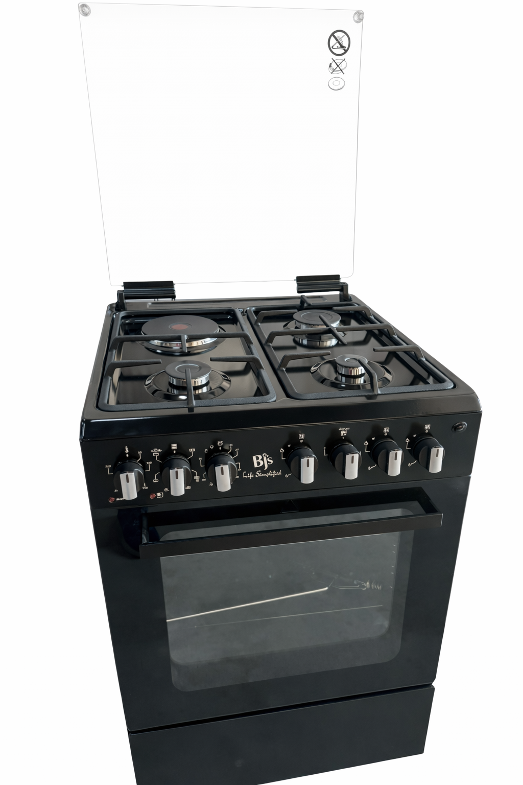BJS Cooker, Elite 60x60 3+1 Electric/Gas Cooker ,Turbo Fan, CAST pan support - Oven 60L Capacity BJS I-6011T Black