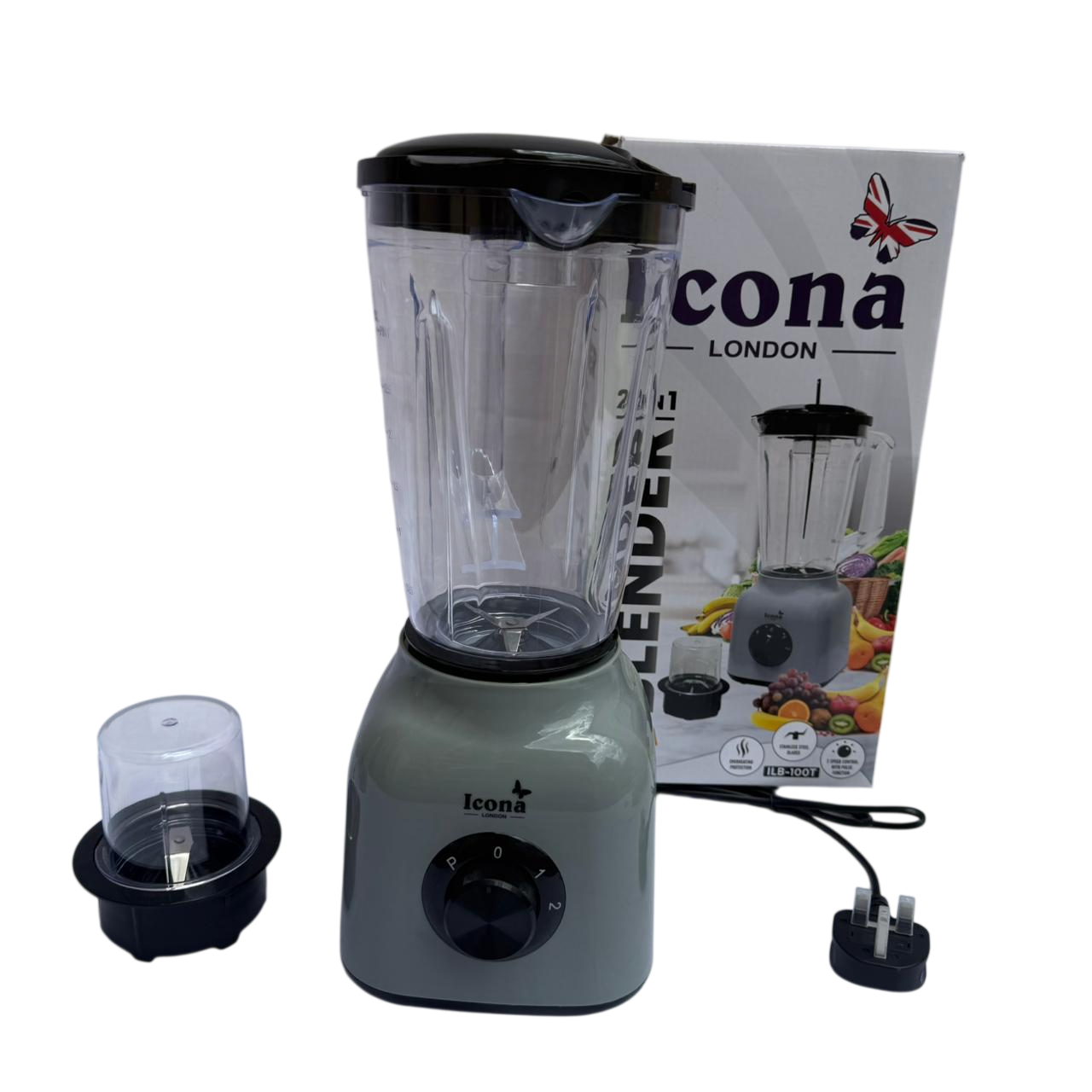 Icona blender gray  ILB-100T 350W 2-in-1 Electric Blender & Grinder – 1.5L Unbreakable Jar, 2 Speeds + Pulse – Gray [ILB-100