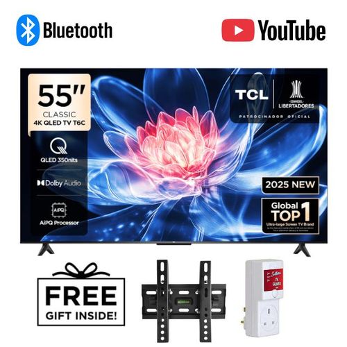 Tcl 55 Inch T6C 4K QLED Google TV  Ultra HD Smart TV, Dolby Vision, HDR10+, Netflix, YouTube, Voice Control, WiFi & Bluetooth With Free Gifts