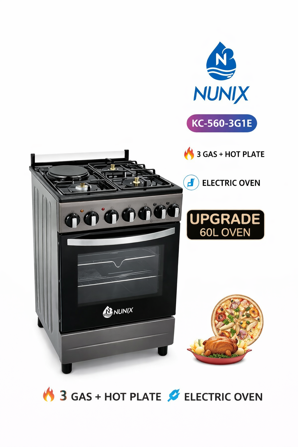 Nunix Cooker Free Standing 3 Gas Burners, 1 Hotplate, Electric Oven 50* 55*84cm