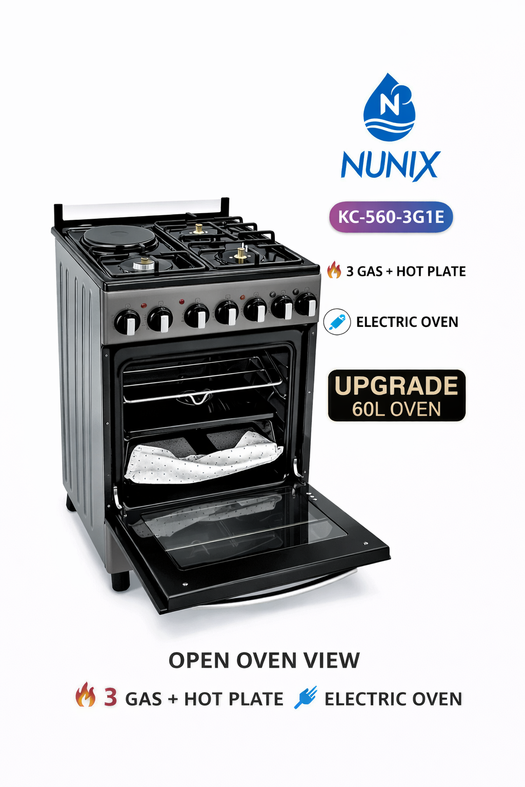 Nunix Cooker Free Standing 3 Gas Burners, 1 Hotplate, Electric Oven 50* 55*84cm