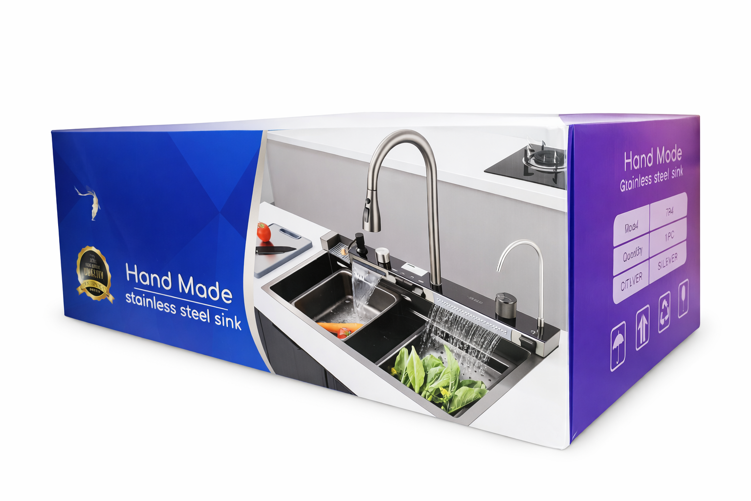 Khal Multifunction Stainless Steel Sink Handmade 73x46cm Deep Bowl With Waterfall Faucet, Pull-Out Sprayer &amp; Installation Kit