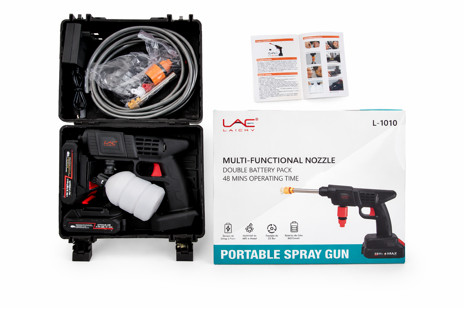 LAC Laichy L-1010 Portable Spray Gun, Cordless High-Pressure Washer with Double Battery and Multi-Functional Nozzle