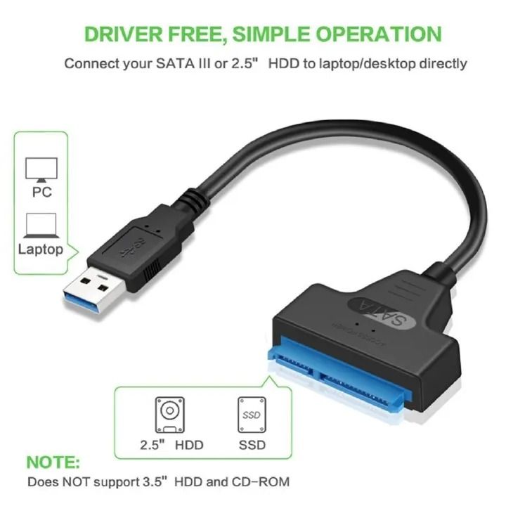 USB 3.0 to SATA Adapter Cable for 2.5'' SSD/HDD Drives - External Converter Flat Male to Male Shape, with LED Indicator -