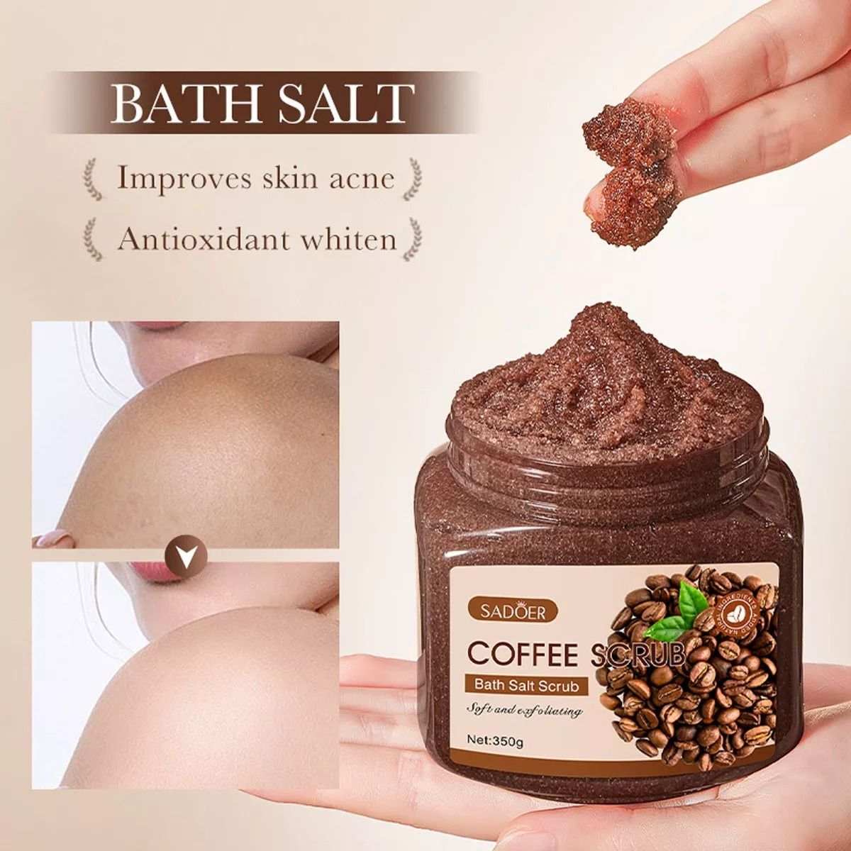 New Coffee Body Scrub Facial Scrub Bath Salt Exfoliating & Moisturizing Body, Face, Hand, Foot Scrub - Fights Stretch Marks, Fine Lines, Brightening & Whitening SPA - Gifts for Women & Men -SADOER