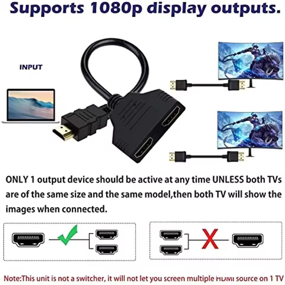 1 In 2 Out HDMI Splitter Cable 1080P 2 Dual Port Hdmi-Compatible Cable Y Splitter Adapter for Laptop Monitor TV Box Support Two The Same Size TVs at The Same Time, Signal One in Two Out  -