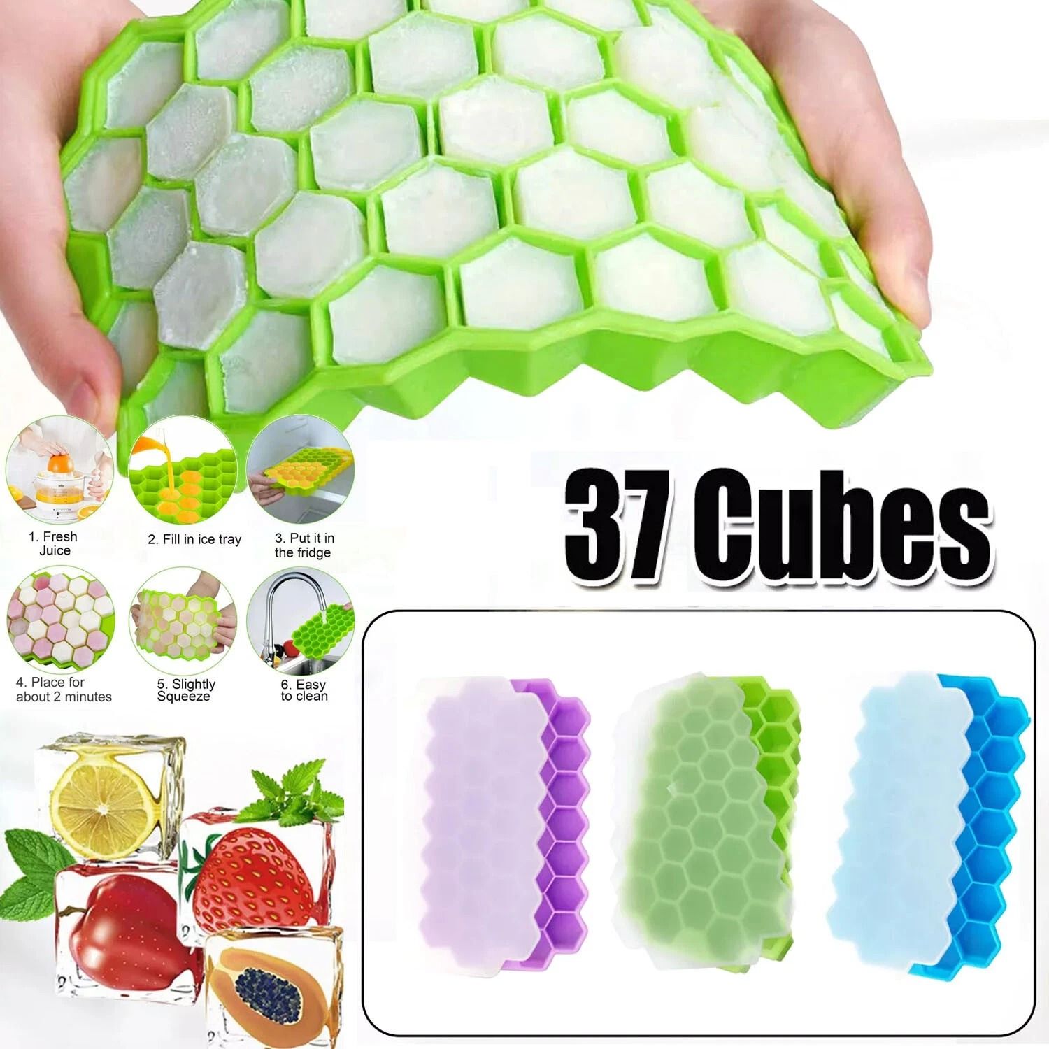 Ice Cube Tray Silicone Mold 37 Grid Honeycomb Shape Ice Cube Maker BPA Free Ice Maker with Lids DIY Popsicle Mould Ice Mold -