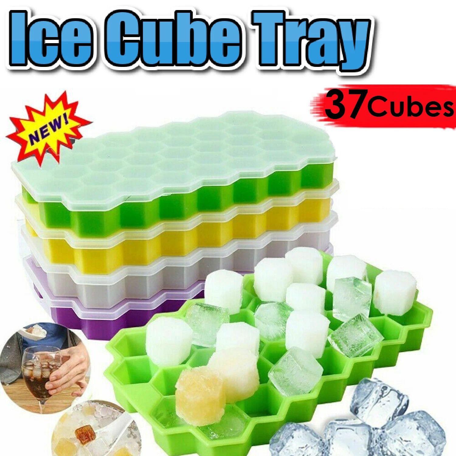 37 Grids Ice Tray Honeycomb Shape Ice Cube Maker Silicone Ice Cube Maker Tray Molder With Cover Lid Ice cube tray Easy Release Ice Cube Molds Summer Kitchen Bar DIY Iced Drink Maker Tool -