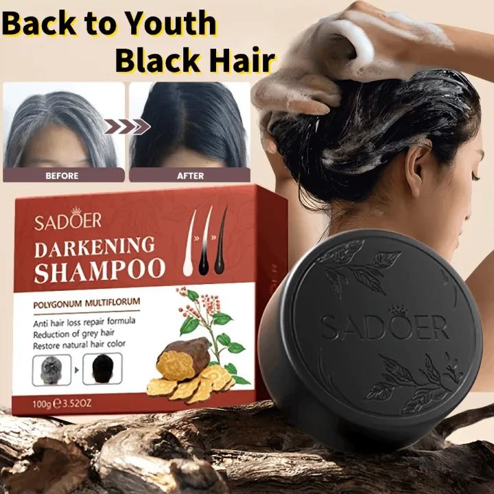 Hair Darkening Soap Gray Hair Reverse Polygonum Multiflorum Repair Natural Black Hair Soap Anti Hair Loss Hair Blackening Hair Growth Soap Black Shampoo Bar for Hair and Beard Darkening - 100g