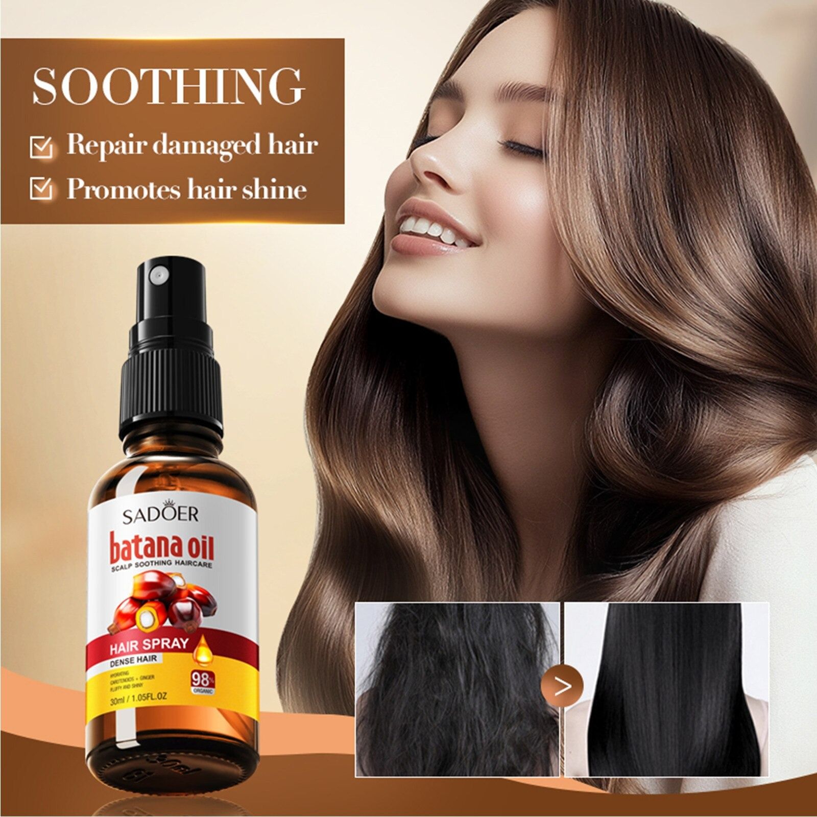 100% Pure Organic Batana Oil Hair Growth Spray Hair Batana Oil Hair Growth Oil Natural Treatment Nourish Reduce Hair Loss Anti-Breakage Hair Products Repair Dry Damaged Hair Smooth Treatments -SADOER-