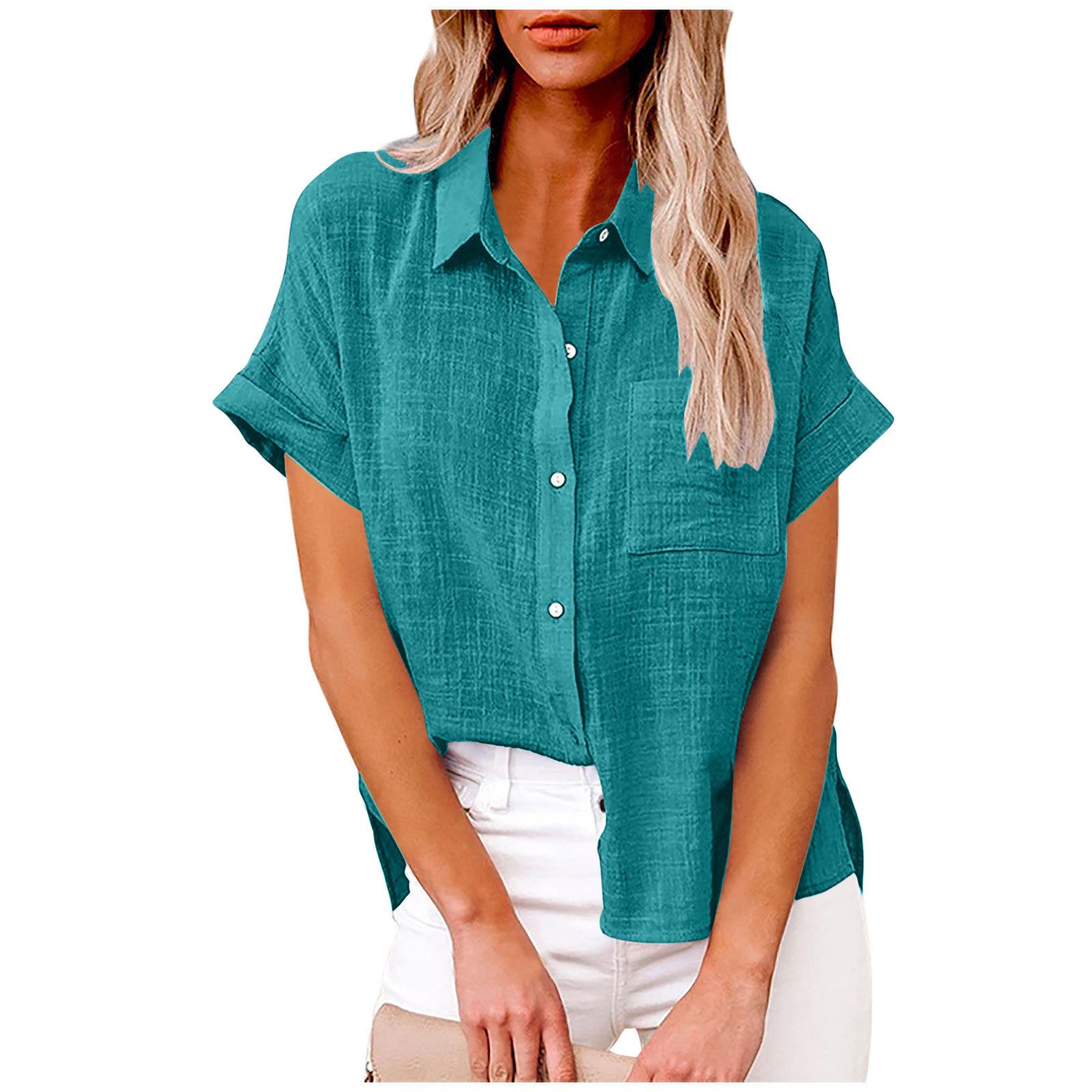 New fashionable women's clothing Solid-color washed cotton shirt Short-sleeved casual loose shirt