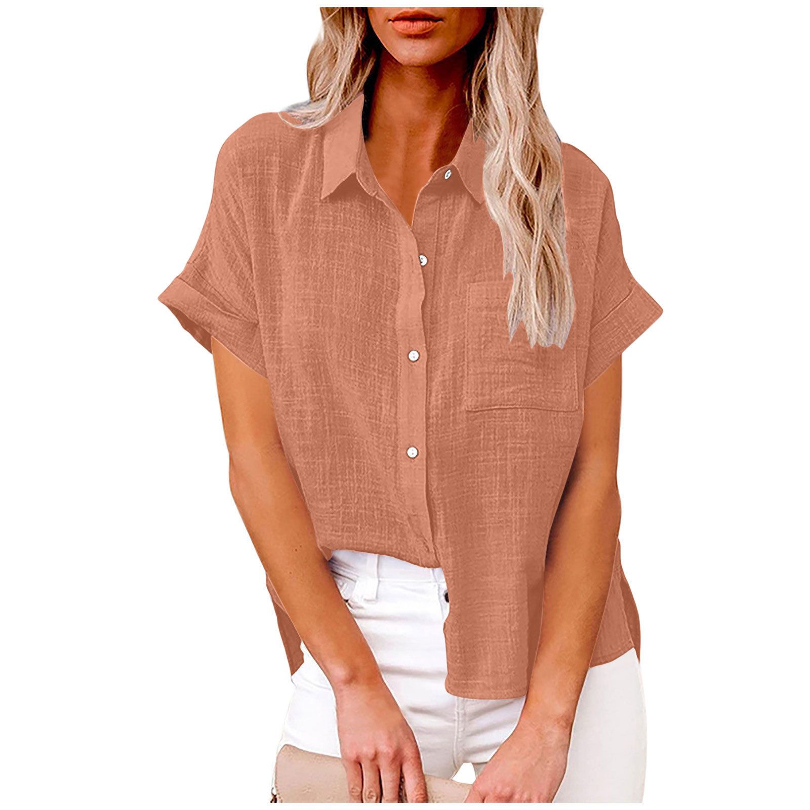 New fashionable women's clothing Solid-color washed cotton shirt Short-sleeved casual loose shirt