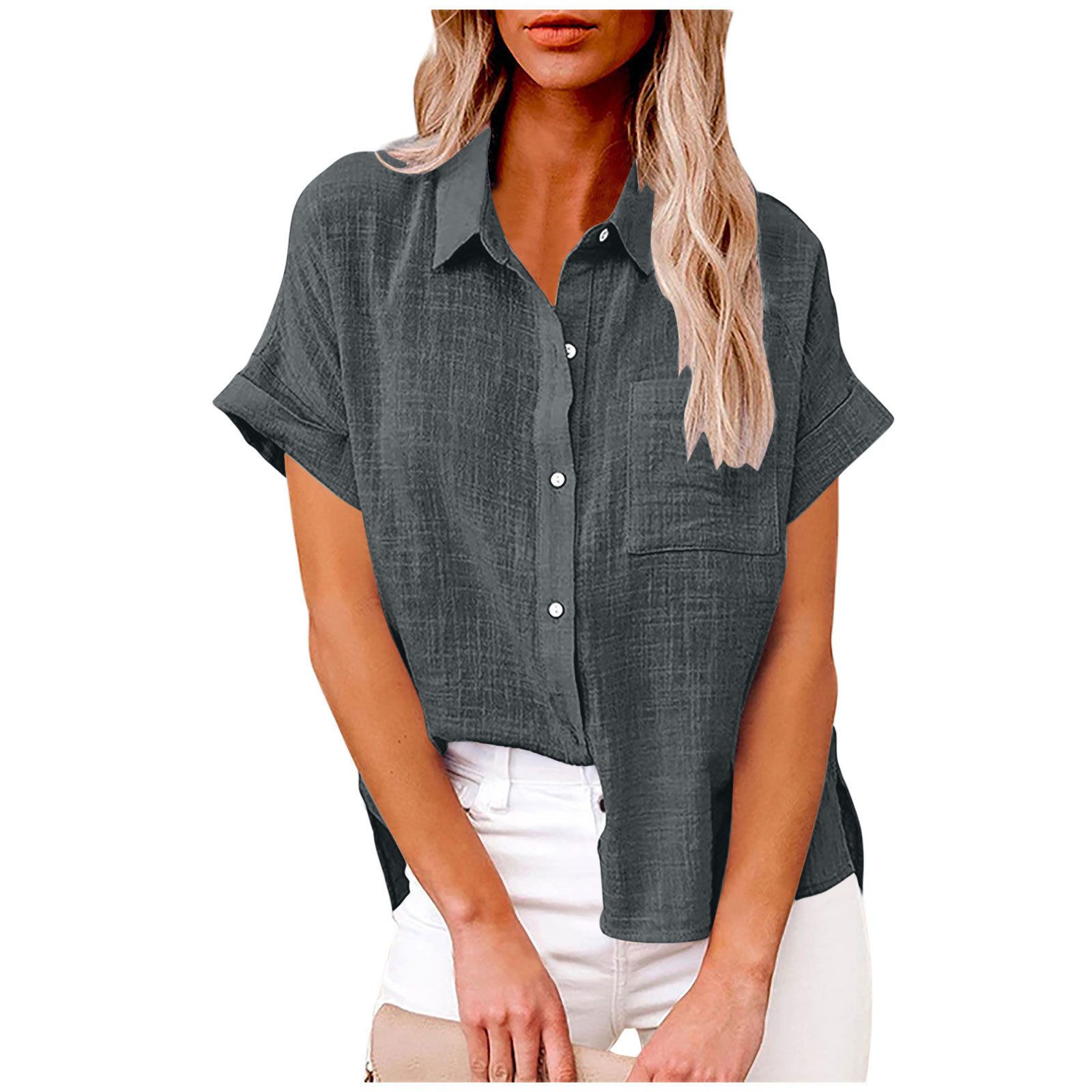 New fashionable women's clothing Solid-color washed cotton shirt Short-sleeved casual loose shirt