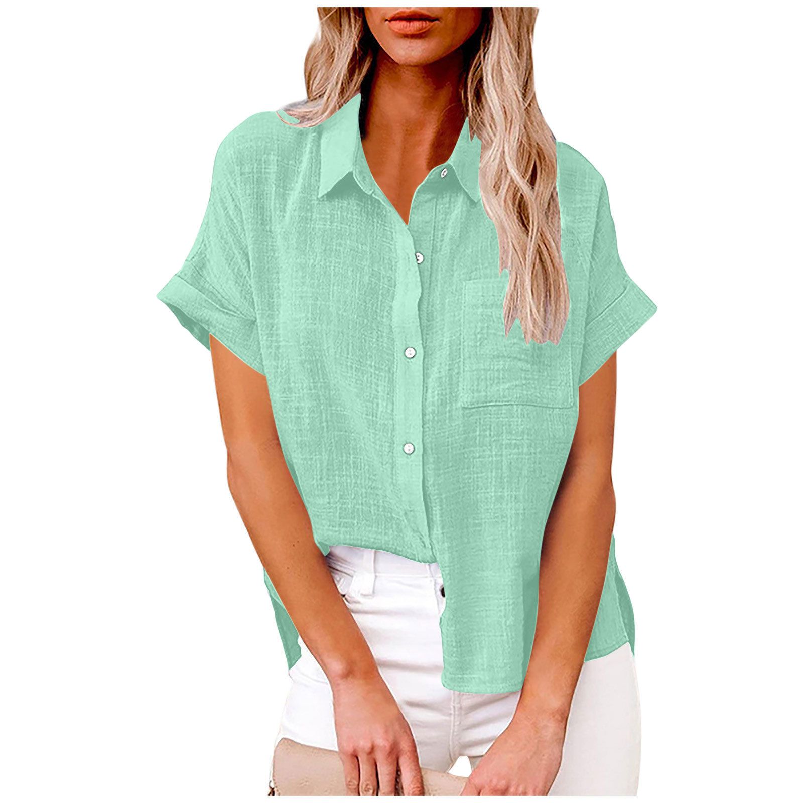New fashionable women's clothing Solid-color washed cotton shirt Short-sleeved casual loose shirt