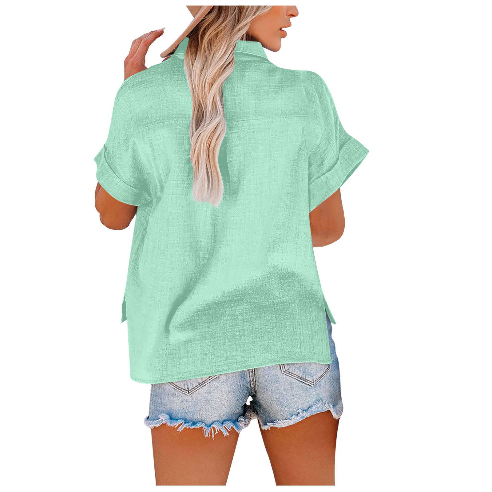 New fashionable women's clothing Solid-color washed cotton shirt Short-sleeved casual loose shirt