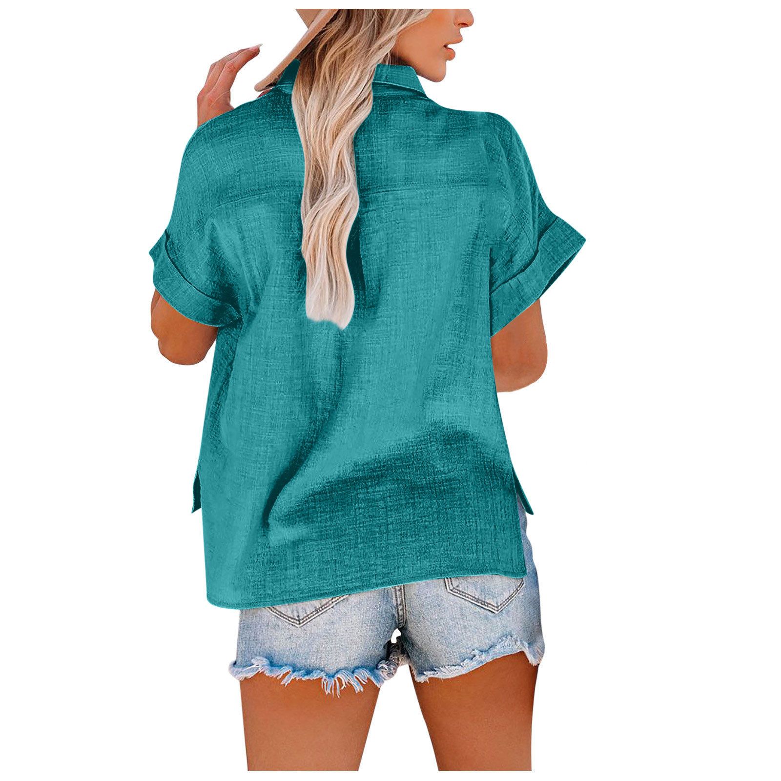New fashionable women's clothing Solid-color washed cotton shirt Short-sleeved casual loose shirt