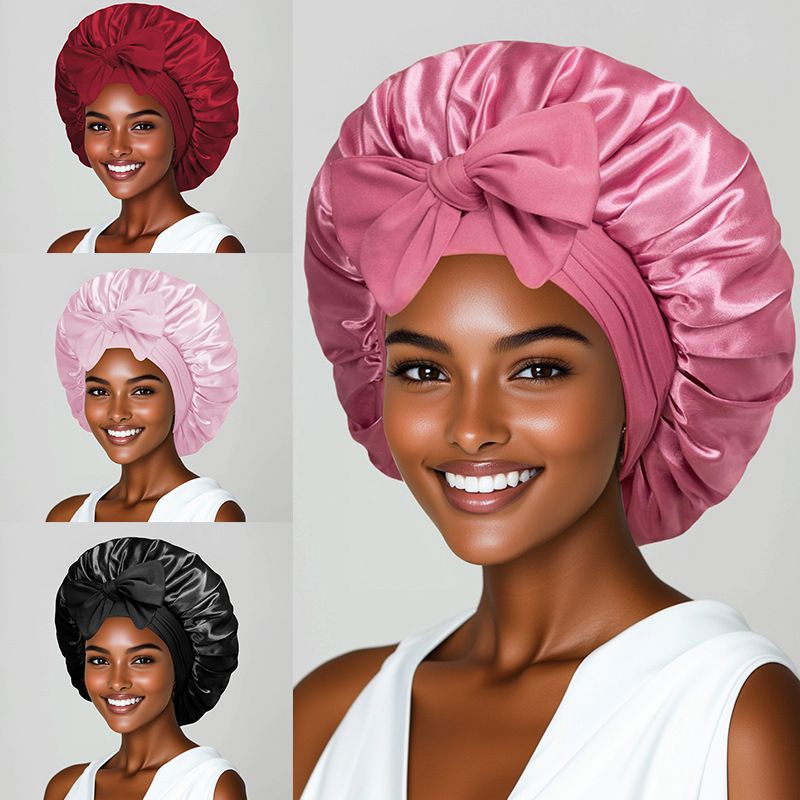 Women's headwraps  and sleeping cap A round cap with a ribbon Bow-shaped faux silk beauty and hair care wide-brimmed hat