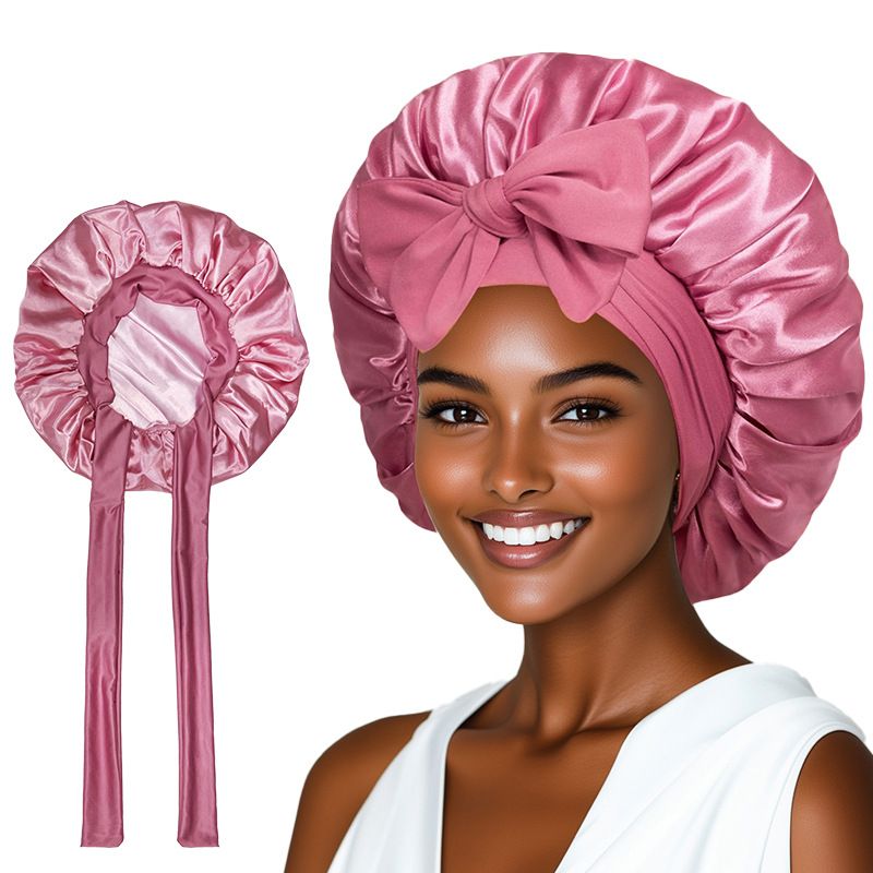 Women's headwraps  and sleeping cap A round cap with a ribbon Bow-shaped faux silk beauty and hair care wide-brimmed hat