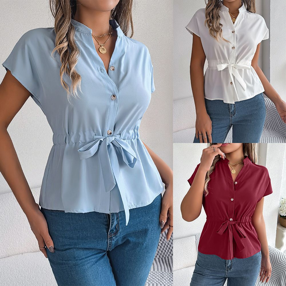 New women's short-sleeved blouses Spring and summer European and American casual solid-color shirts Button drawstring short-sleeved shirt Ladies' fashion blouses