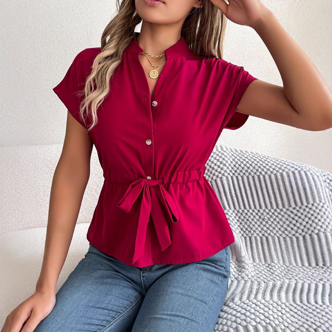 New women's short-sleeved blouses Spring and summer European and American casual solid-color shirts Button drawstring short-sleeved shirt Ladies' fashion blouses