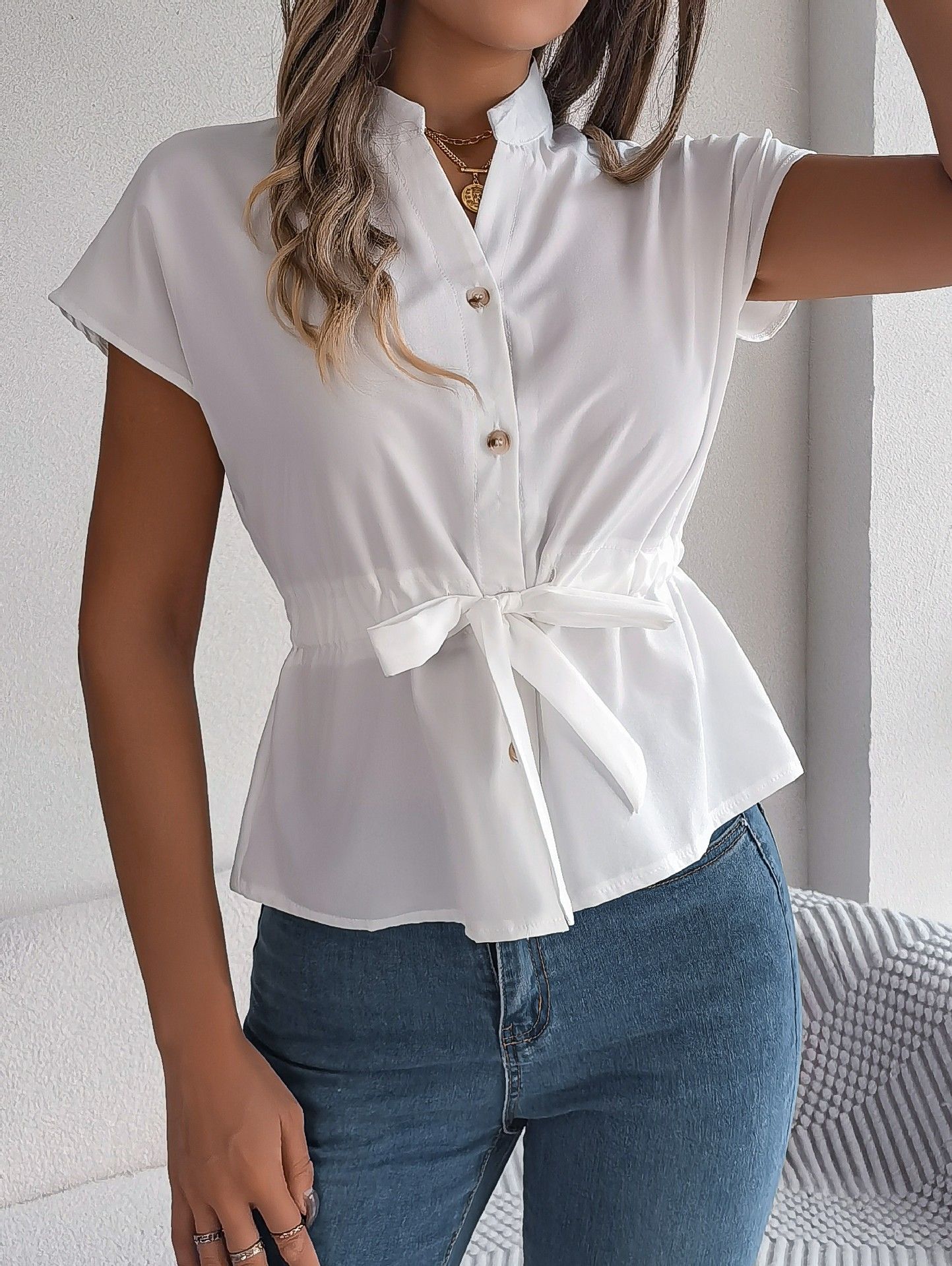 New women's short-sleeved blouses Spring and summer European and American casual solid-color shirts Button drawstring short-sleeved shirt Ladies' fashion blouses