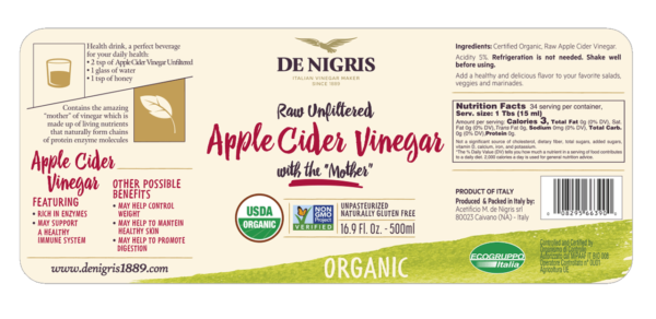 De Nigris Organic Raw Apple Cider Vinegar with the Mother, 1000ml for weight management.