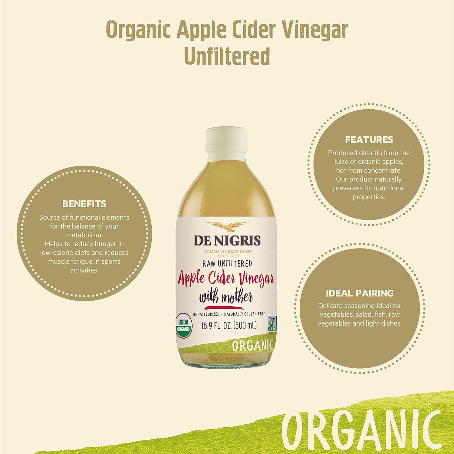 De Nigris Organic Raw Apple Cider Vinegar with the Mother, 1000ml for weight management.
