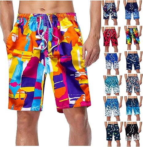 Men's Swimming Trunks Men's Short Loose Beach Shorts Breathable Board Shorts UV Protection Swimming Shorts Water-Repellent Swimming Shorts with Elastic Waistband-2 PACK.
