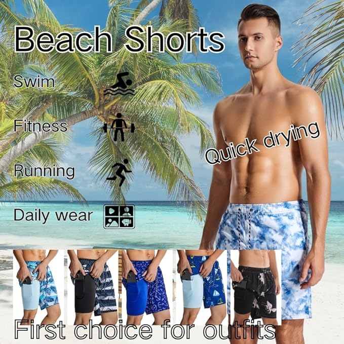 Men's Swimming Trunks Men's Short Loose Beach Shorts Breathable Board Shorts UV Protection Swimming Shorts Water-Repellent Swimming Shorts with Elastic Waistband-2 PACK.