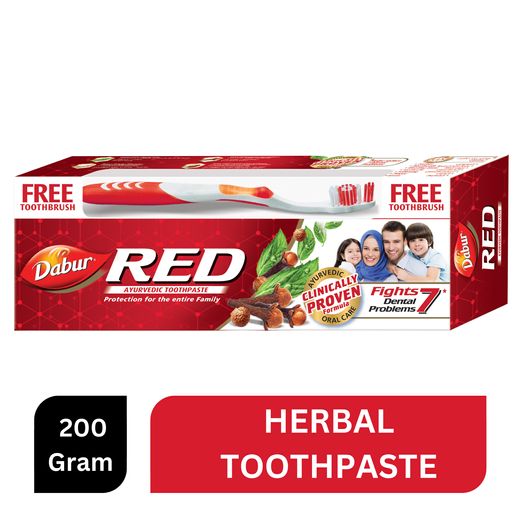 Dabur Red Toothpaste - 200g-Fluoride Free, Helps in Bad Breath Treatment, Cavity Protection, Plaque Removal, For Whole Mouth Health & Power of 13 Potent Ayurvedic Herbs + Free Tooth Brush.