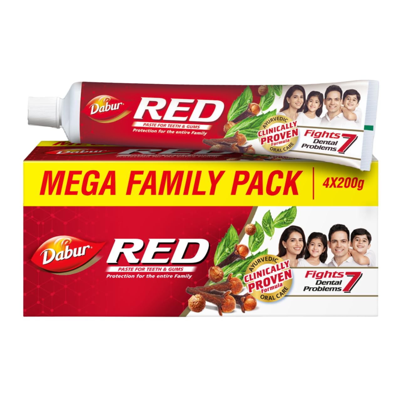 Dabur Red Toothpaste -(4x200g)-Fluoride Free, Helps in Bad Breath Treatment, Cavity Protection, Plaque Removal, For Whole Mouth Health & Power of 13 Potent Ayurvedic Herbs + 4 Free Tooth Brushes.