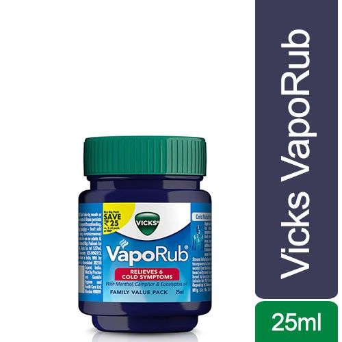 Vicks Vapo Rub with Menthol, Camphor, and Eucalyptus Oil Relieves Cold and Cough, Clears Blocked Nose, 25ml.