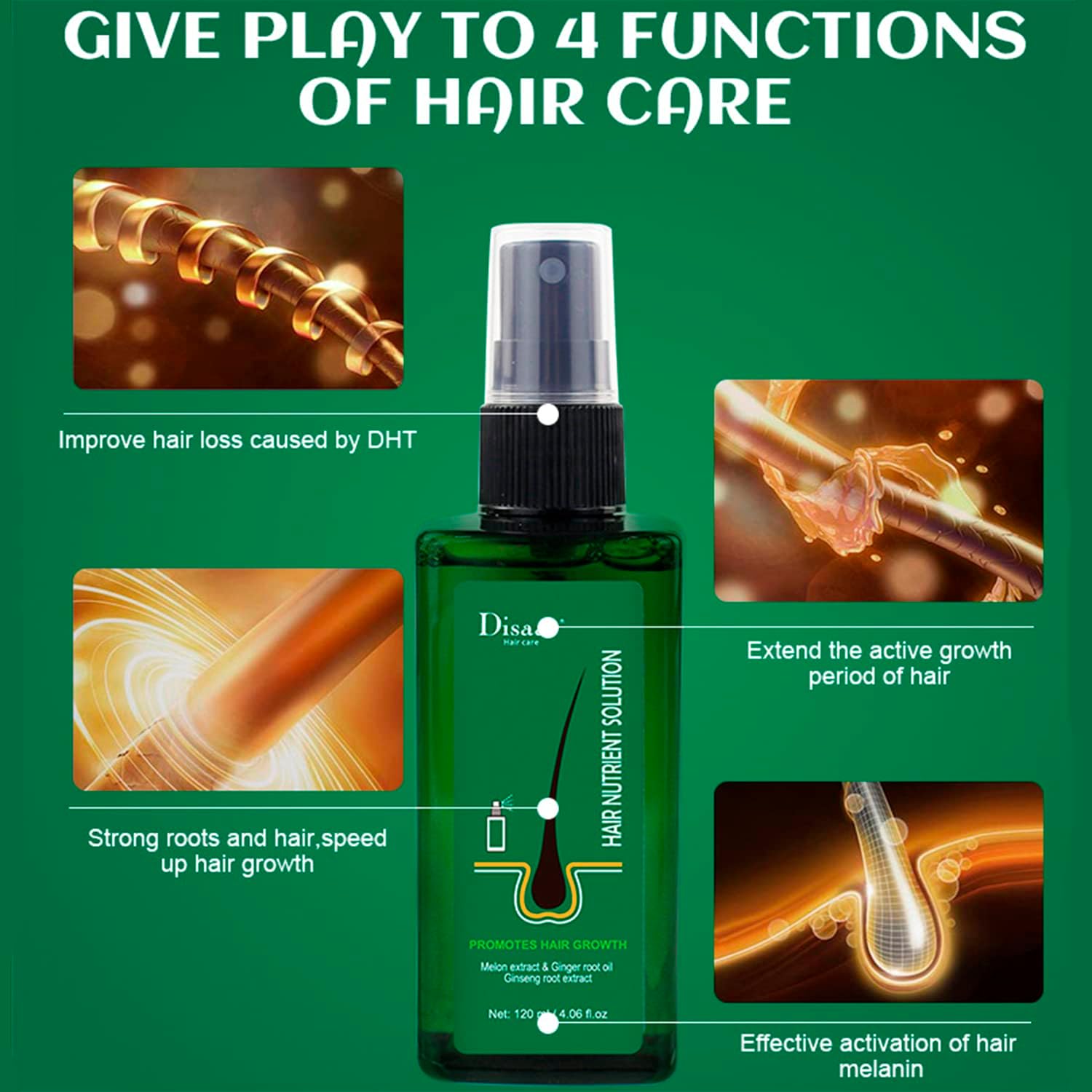 Disaar Hair Care, Hair Nutrient Solution, Promotes Hair Growth, Hair Regrowth Serum Treatment, Anti Hair Loss Serum, Hair Thickener Serum Melon extract & Ginger root oil, Ginseng root extract, 120ml.