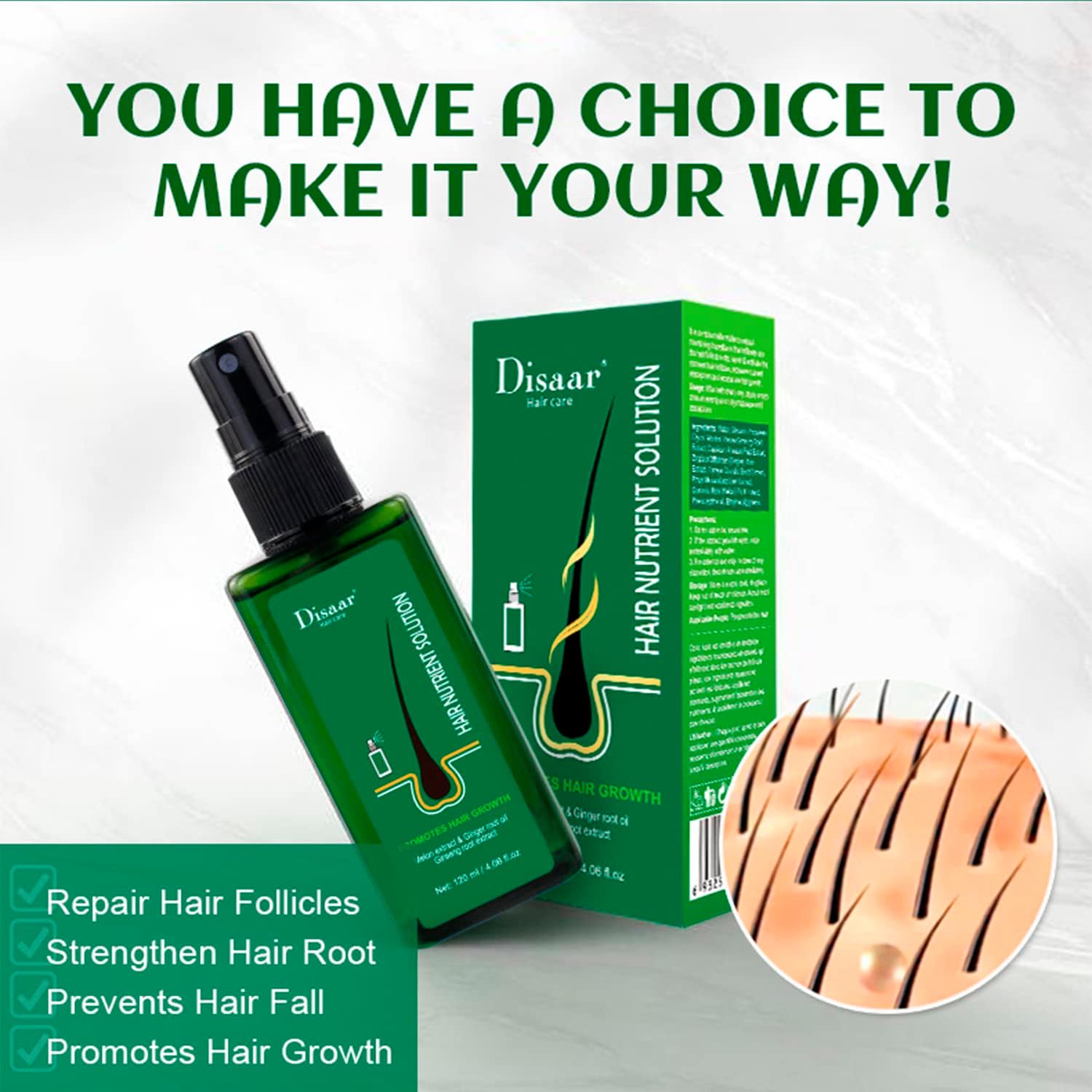 Disaar Hair Care, Hair Nutrient Solution, Promotes Hair Growth, Hair Regrowth Serum Treatment, Anti Hair Loss Serum, Hair Thickener Serum Melon extract & Ginger root oil, Ginseng root extract, 120ml.