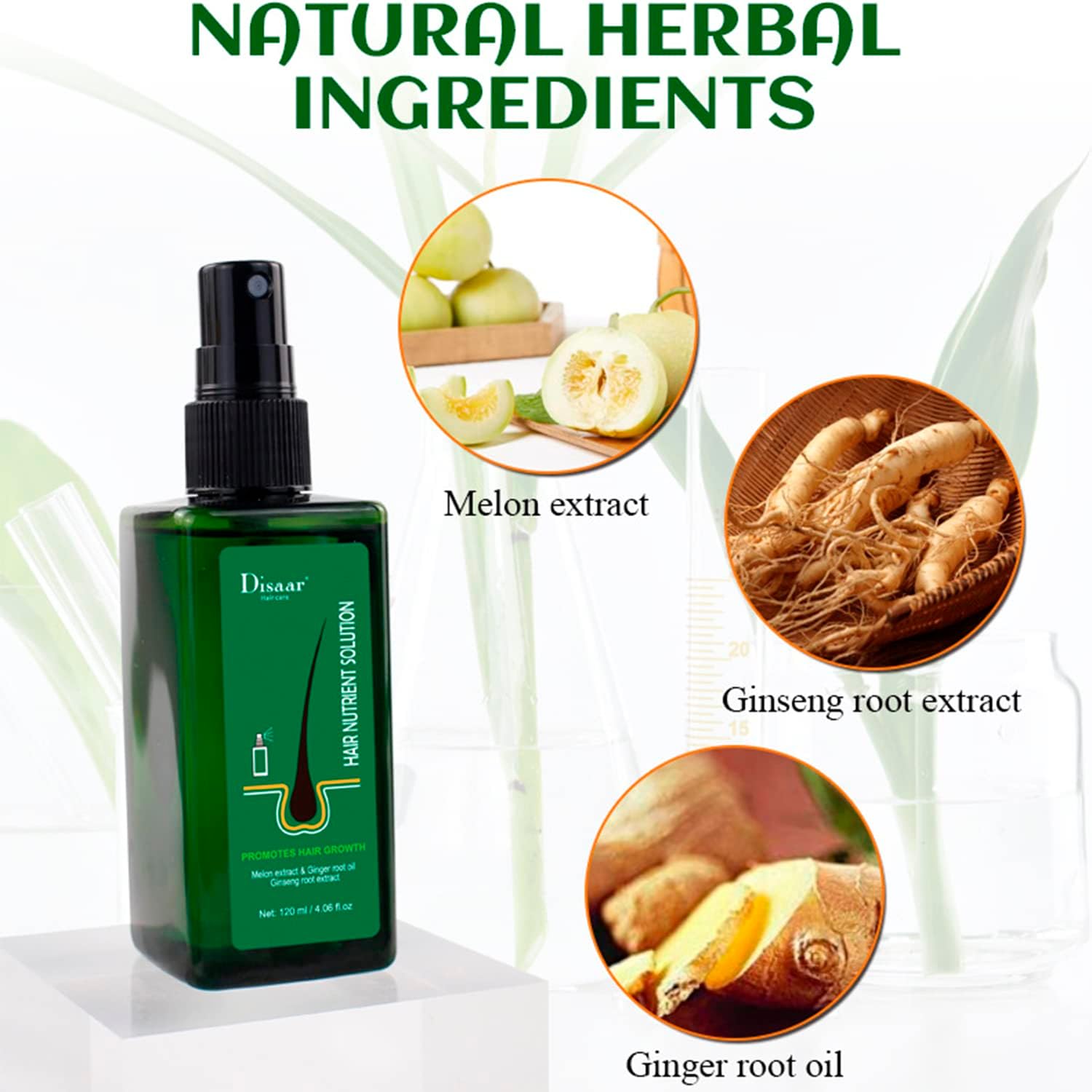 Disaar Hair Care, Hair Nutrient Solution, Promotes Hair Growth, Hair Regrowth Serum Treatment, Anti Hair Loss Serum, Hair Thickener Serum Melon extract & Ginger root oil, Ginseng root extract, 120ml.