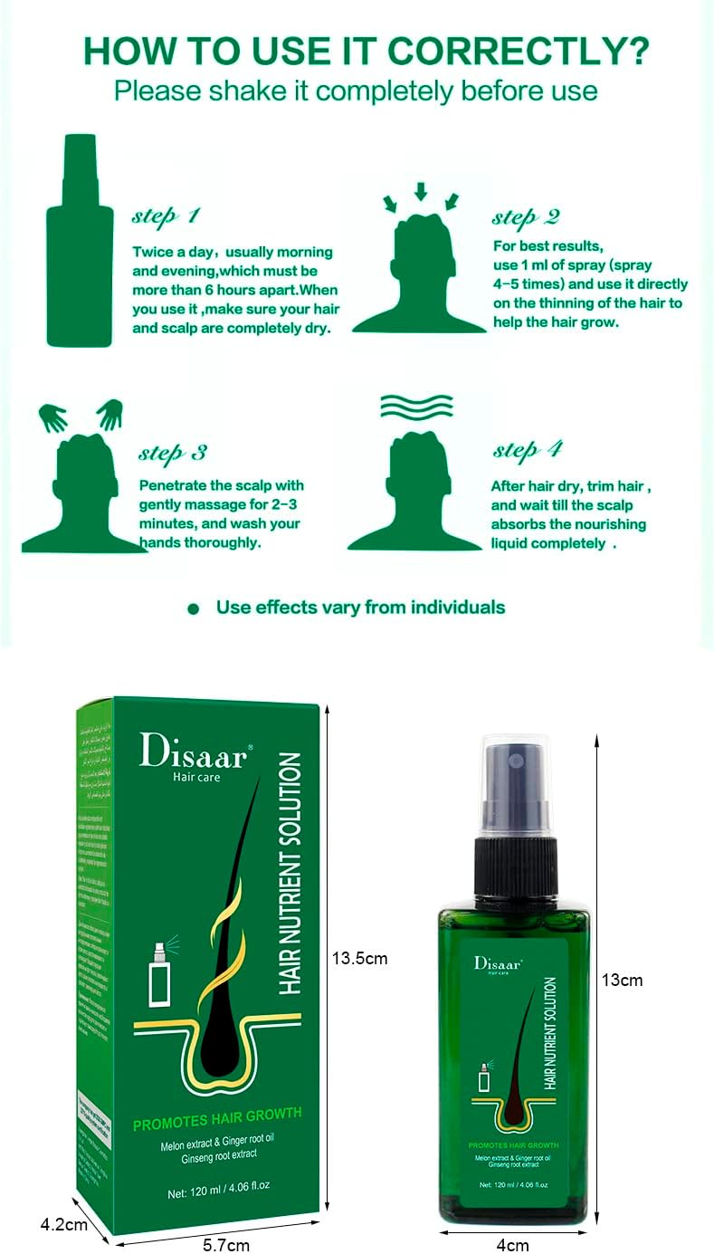 Disaar Hair Care, Hair Nutrient Solution, Promotes Hair Growth, Hair Regrowth Serum Treatment, Anti Hair Loss Serum, Hair Thickener Serum Melon extract & Ginger root oil, Ginseng root extract, 120ml.