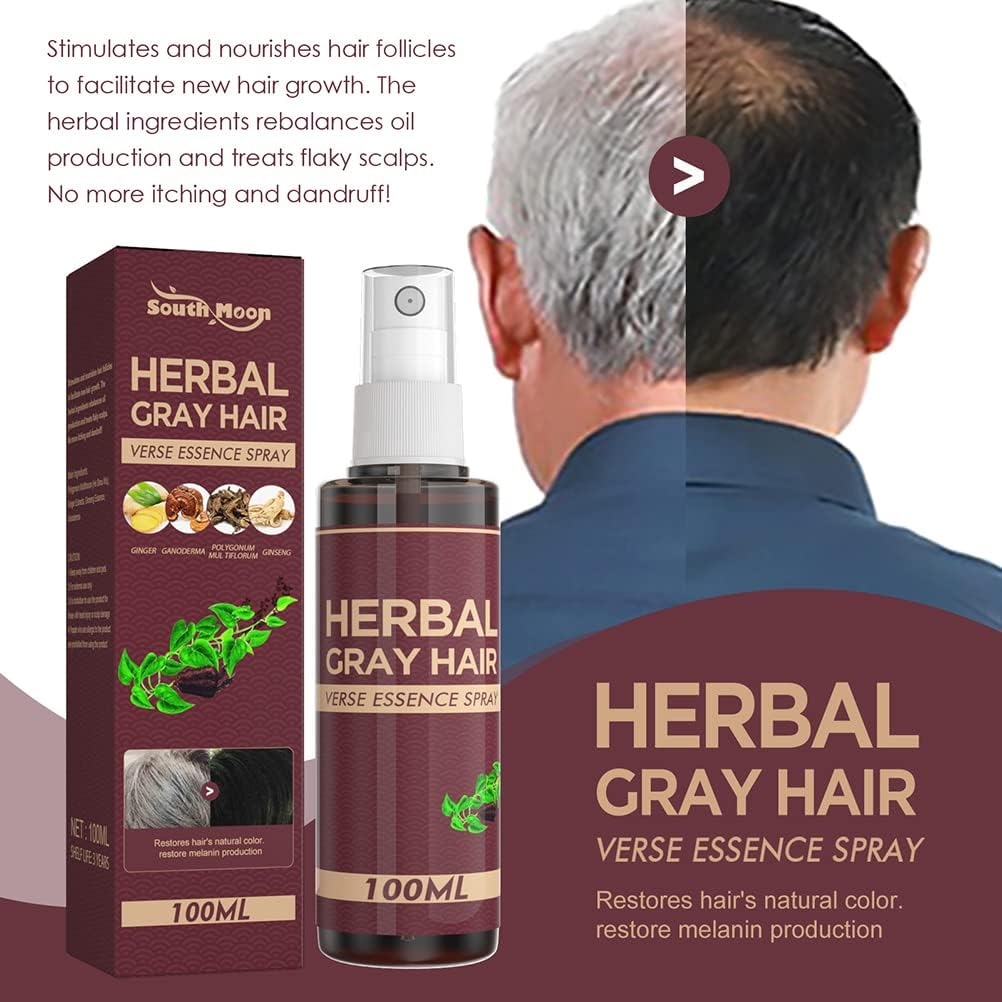 South Moon Herbal (Polygonum Multiflorum, Ginger, Ganoderma & Ginseng) White to Black Hair Serum, Nourishes and Restores Hair’s Natural Color, Anti-Grey Hair Serum Spray for Reducing Grey Hair-100ml.