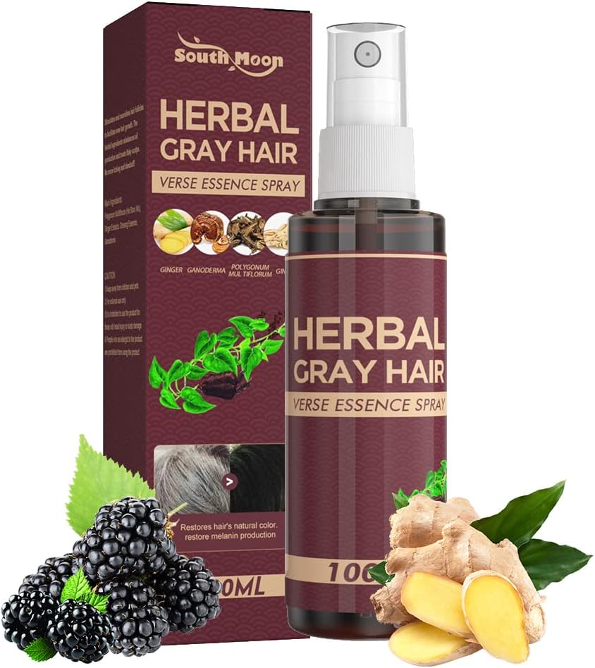 South Moon Herbal (Polygonum Multiflorum, Ginger, Ganoderma & Ginseng) White to Black Hair Serum, Nourishes and Restores Hair’s Natural Color, Anti-Grey Hair Serum Spray for Reducing Grey Hair-100ml.