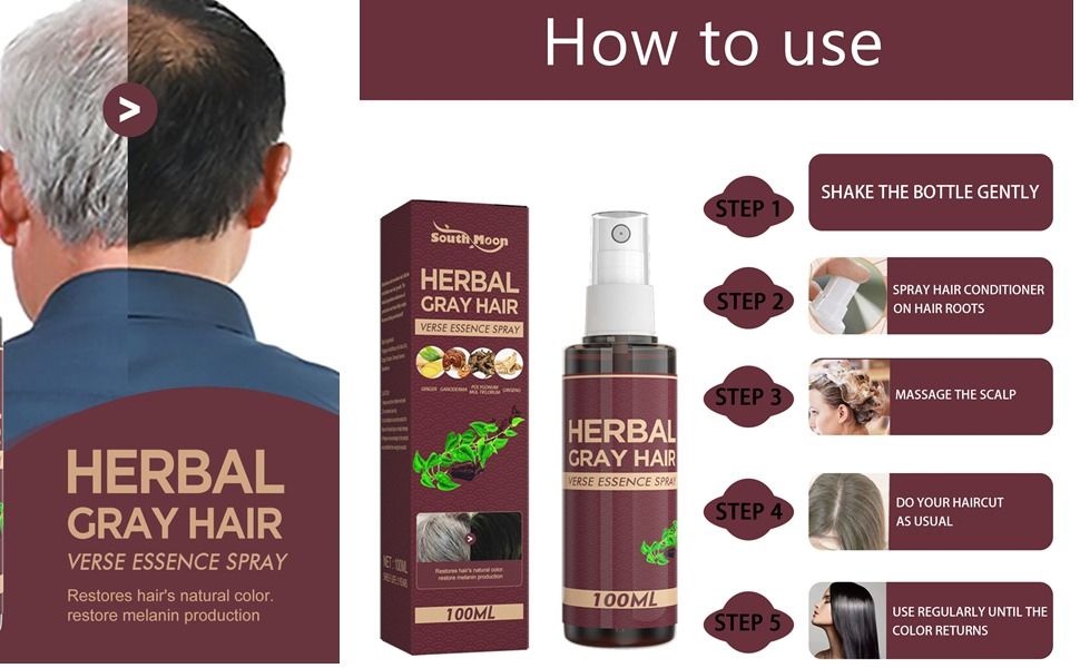 South Moon Herbal (Polygonum Multiflorum, Ginger, Ganoderma & Ginseng) White to Black Hair Serum, Nourishes and Restores Hair’s Natural Color, Anti-Grey Hair Serum Spray for Reducing Grey Hair-100ml.