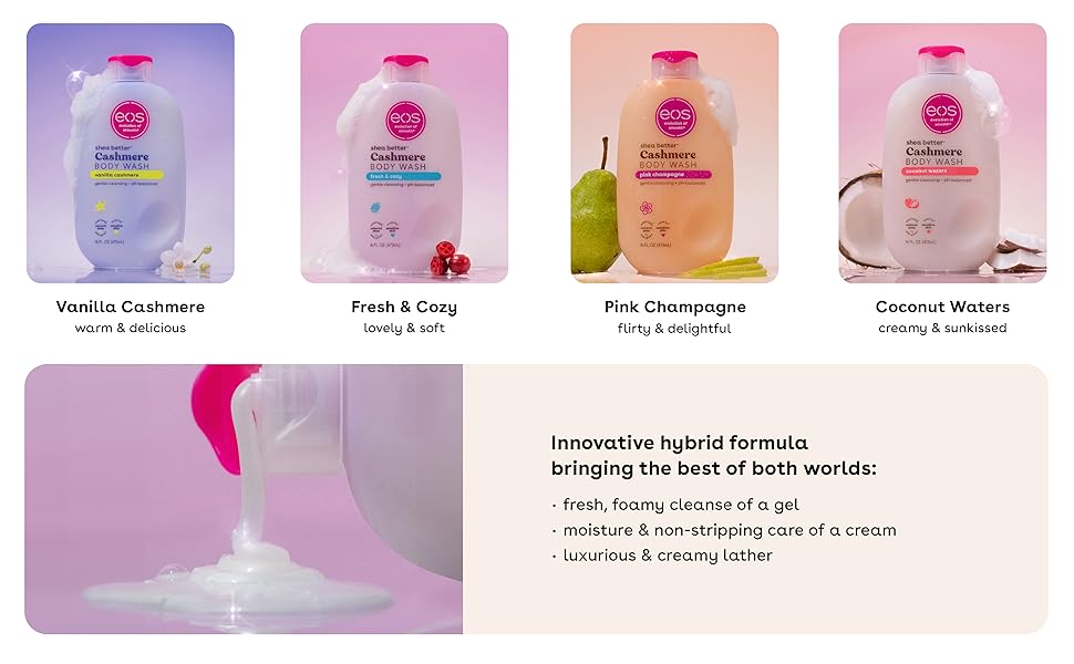 Eos Shea Better 24 Moisture Vanilla Cashmere Body Wash,7 Nourishing oils + Vitamin E Soothing protection for dry skin Creamy Gel Formula, Paraben & Phthalate Free-1000ml Plus-Free Wash Loofah Sponge.