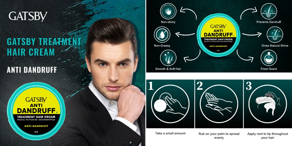 Gatsby Treatment Hair Cream-Anti-Dandruff,Reduces Flaking and Itchiness due to Dandruff-Contains Conditioning Agents, Vitamin E & Pro Vitamin B5,Non-Sticky, Non-Greasy,Fresh Spicy Citrus Fragrance.