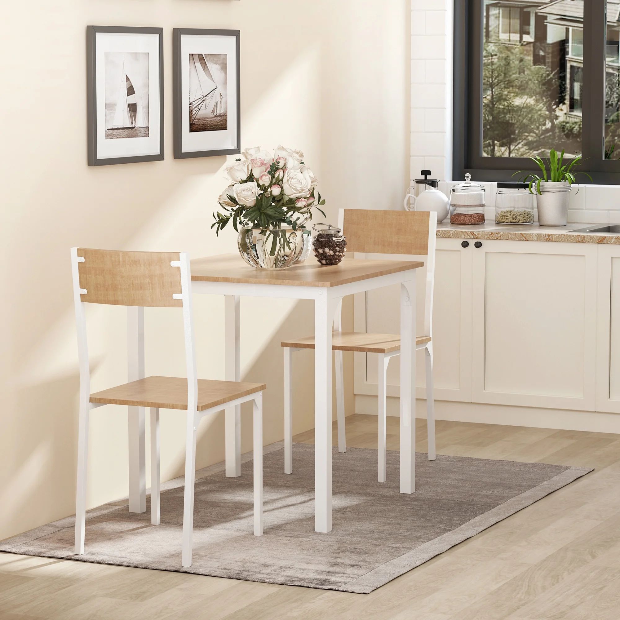 3-Piece Wooden Square Dining Table Set with 1 Table and 2 Chairs, White