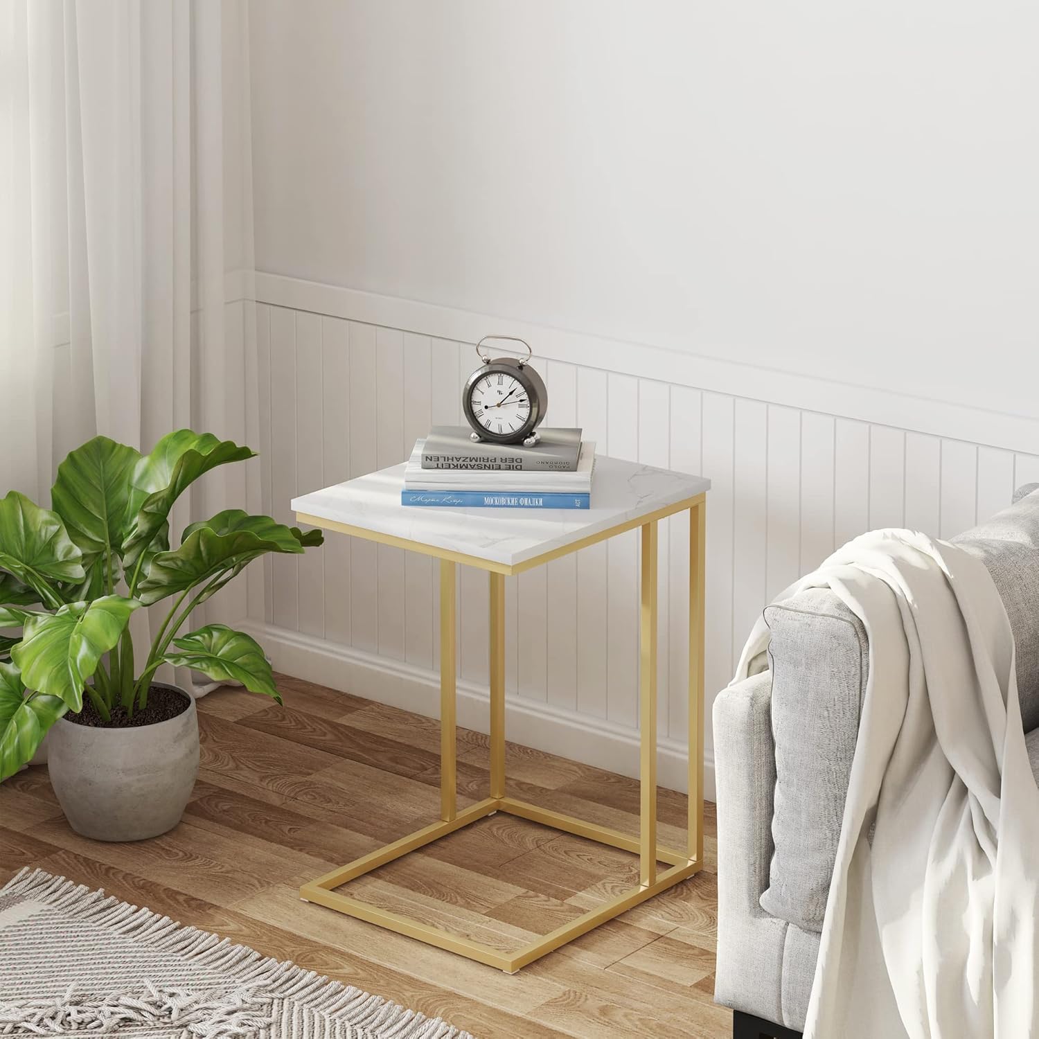 Sasha C-Shaped Side Table – Portable White Top with Gold Metal Frame for Sofa, Bedside, Laptop & Snack Use in Kenya