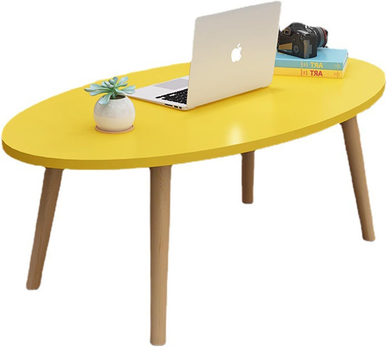 Shee Nordic Oval Coffee Table – Yellow MDF Top with Wooden Legs for Bright & Modern Kenyan Living Rooms