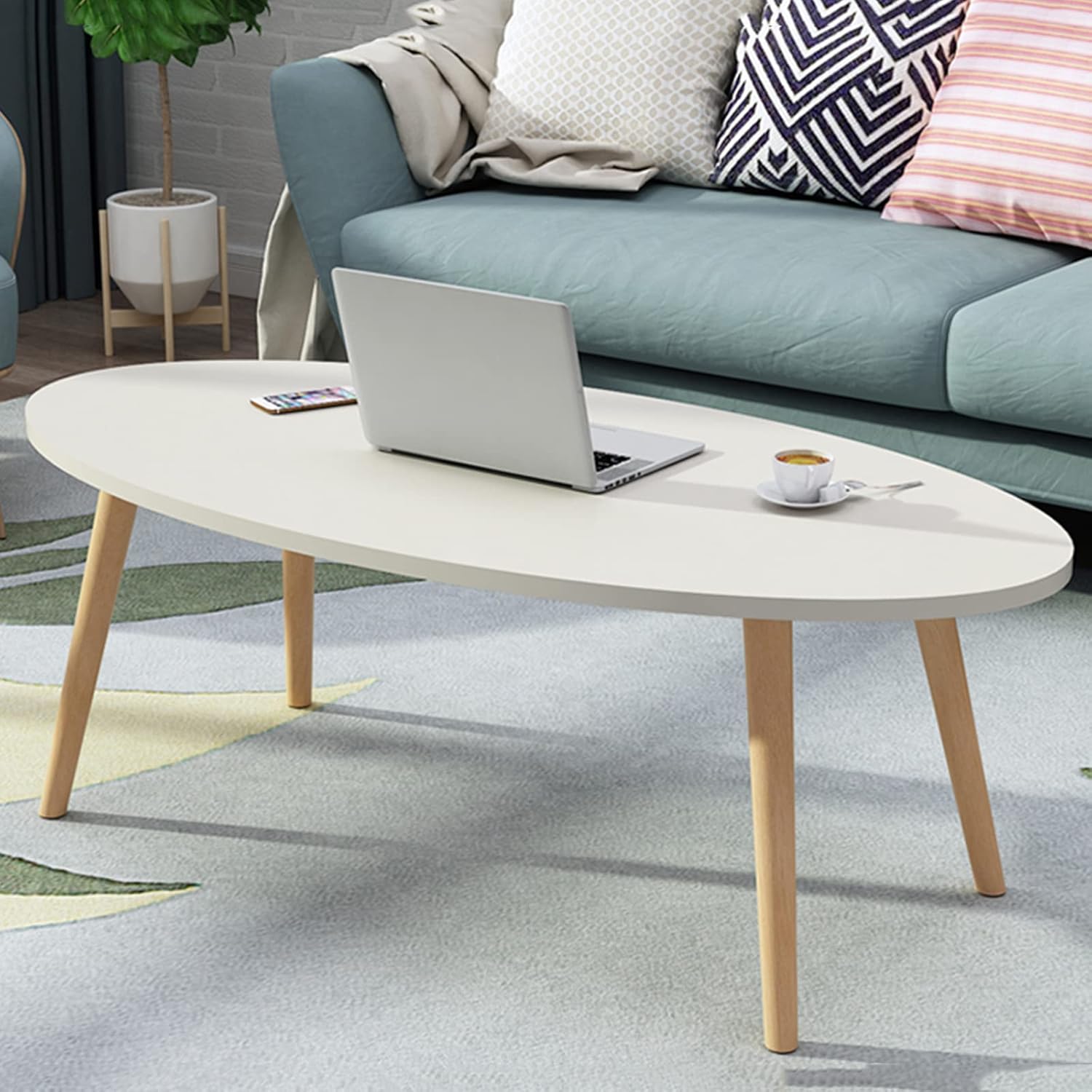 Shee Nordic Oval Coffee Table – White MDF Top with Wooden Legs for Minimalist Modern Living Rooms in Kenya