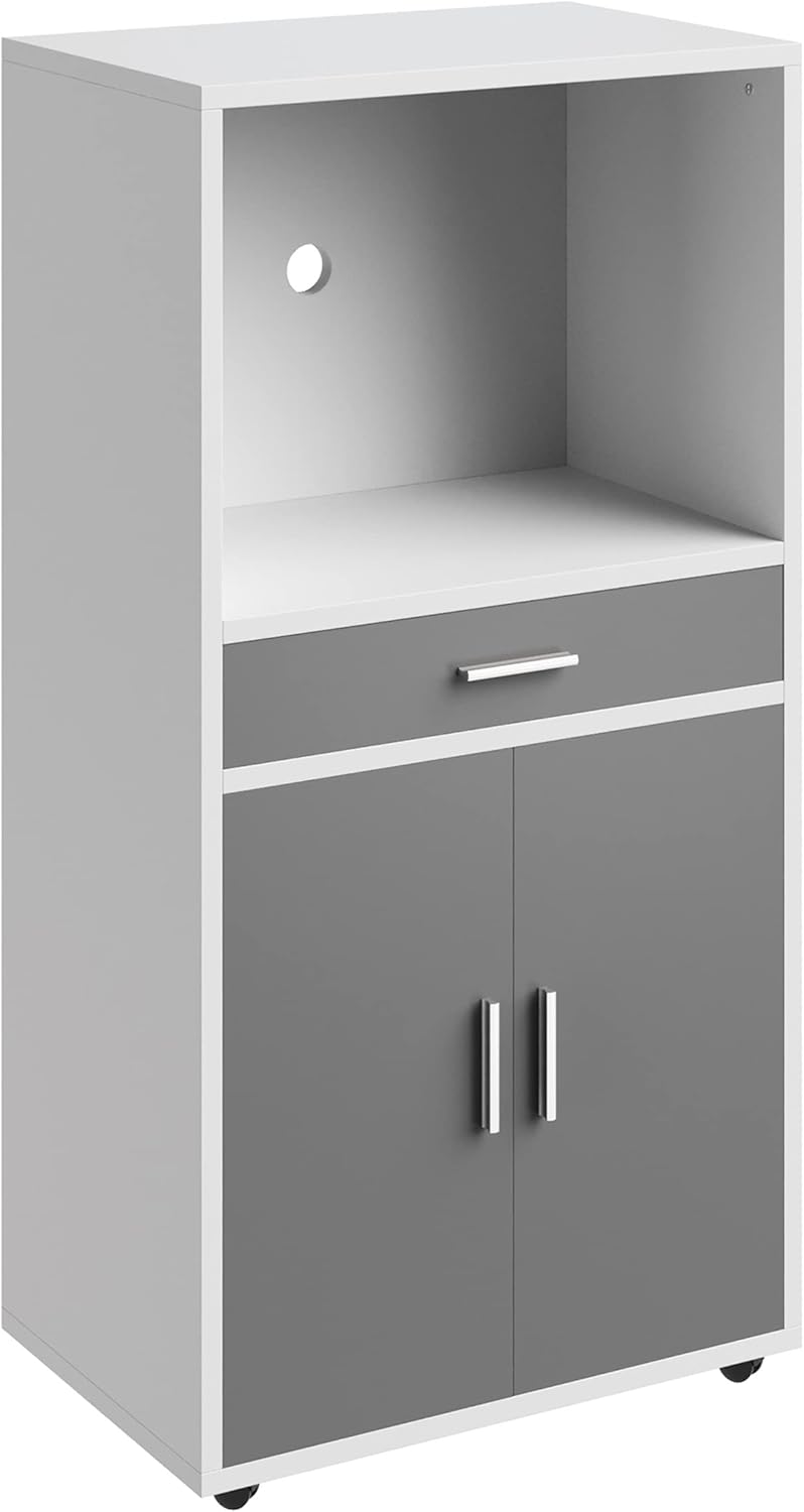 Microwave Stand with Drawer – White & Gray Rolling Kitchen Storage Cabinet with Doors & Locking Wheels, Freestanding Utility Shelf for Kenyan Homes