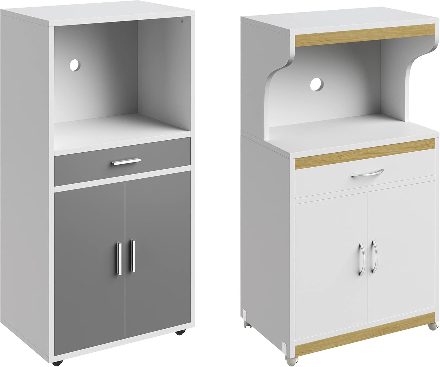 Microwave Stand with Drawer – White & Gray Rolling Kitchen Storage Cabinet with Doors & Locking Wheels, Freestanding Utility Shelf for Kenyan Homes